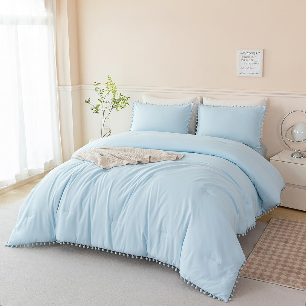 PERFEMET 5 Pieces Twin Bedding Sets Light Blue Pom Pom Comforter for Girls