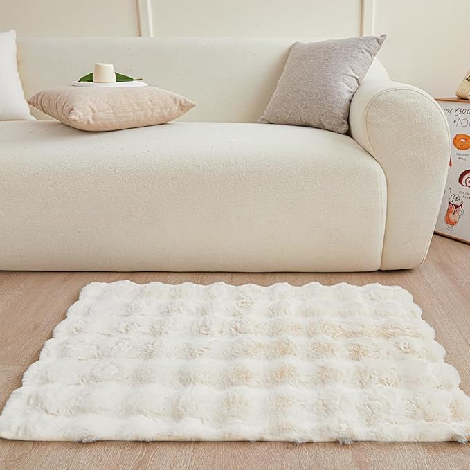 Creamy White Rabbit Plush Rug 2'x3', Fluffy Faux Fur Shaggy Area Rug - Image 2