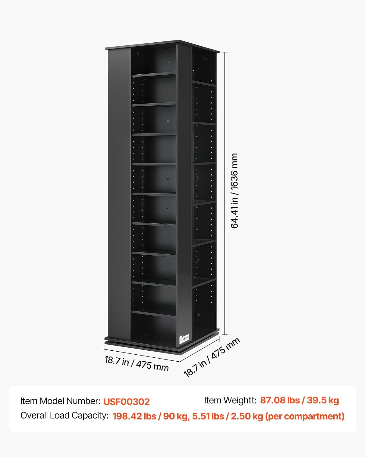 VEVOR Media Storage Cabinet, CD Rack Tower, 34 Compartments Rotating Media Tower Rack for CDs, DVDs, Books and Game Discs, DVD Stand for Living Room, Home Office and Recording Room, Black