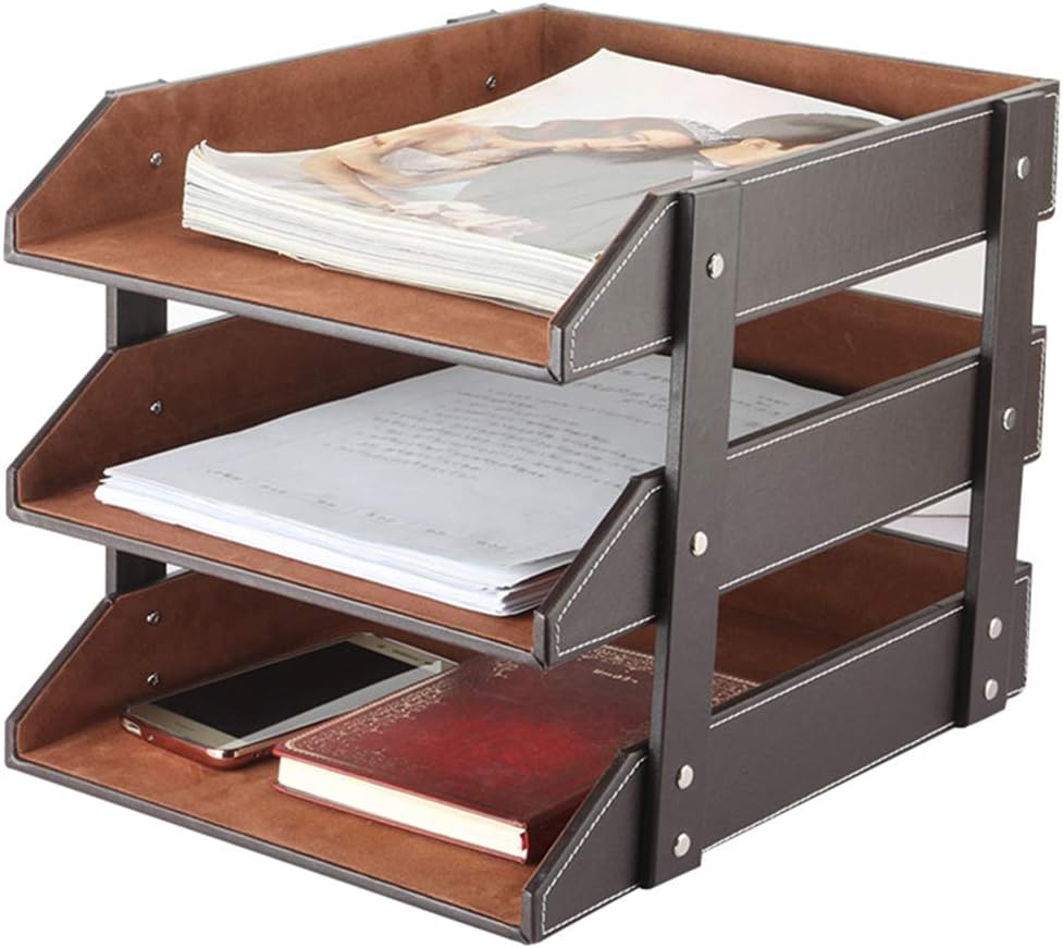 Very Sturdy 3 Tier Leather Desk File Rack for Office Supplies/Stationery/Folder,Stackable Letter Tray Organizer,Document Filing Organizer Holder for Desktop Storage (Brown)…