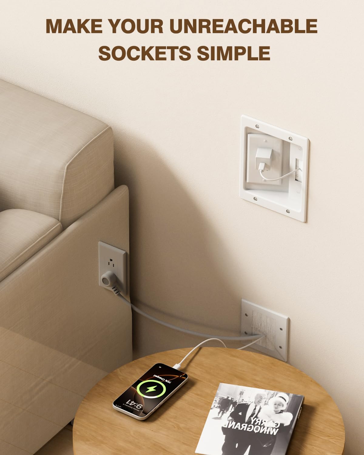in-Wall TV Cable Management Kit, 9.8FT Recessed Dual AC Outlet Box w/Brush
