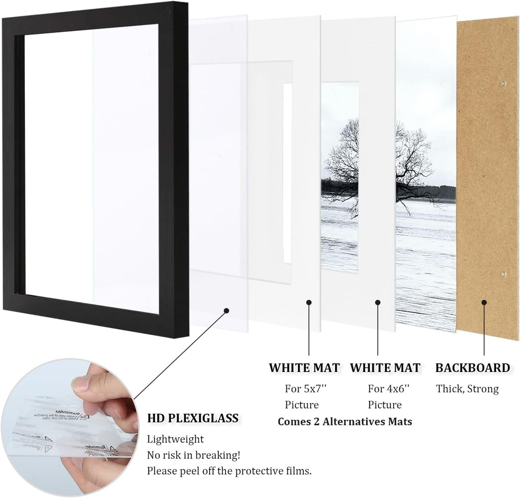 Egofine 8x10 Picture Frames Set of 4, Made of Solid Wood Covered by Plexiglass 4x6 and 5x7 with Mat or 8x10 without Mat, for Table Top Display and Wall Mounting Photo Frame Black