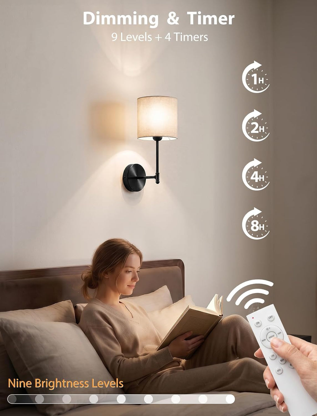 GBEAST Wall Sconces Set of 2, Black Rechargeable Wall Sconce with Magnetic Bulb and Remote, Dimmable Wall Lights with RGB & Timer, Fabric LED Lamps for Bedroom Living Room Fireplace Hallway Decor