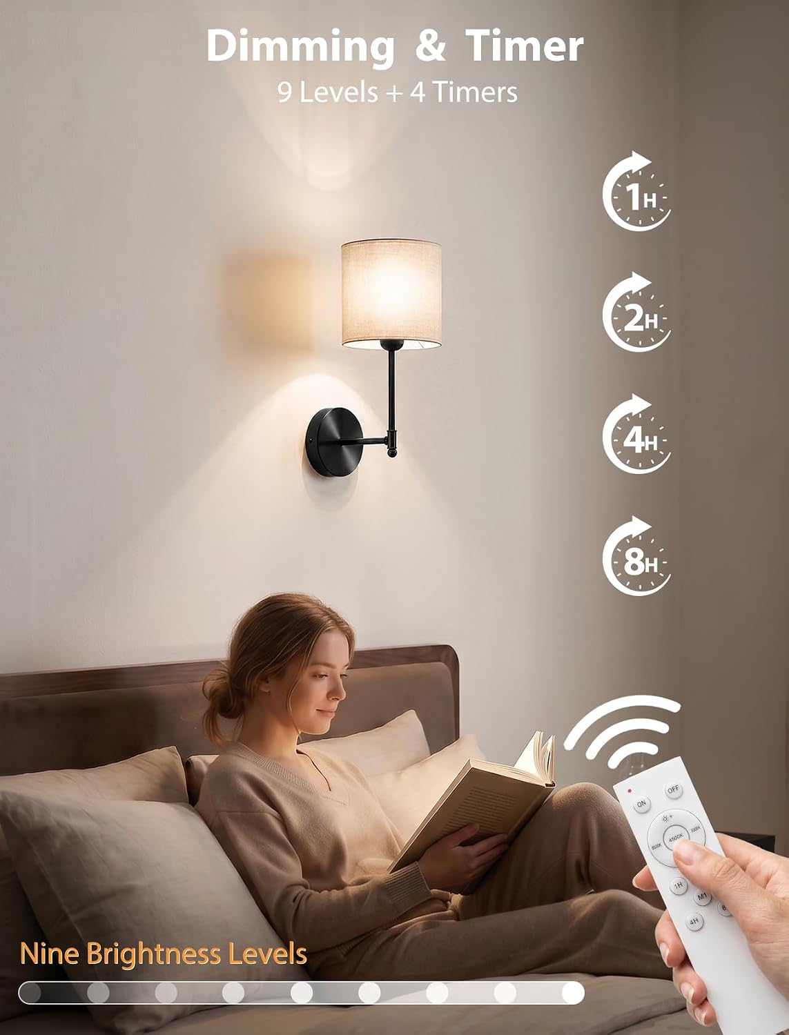GBEAST Wall Sconces Set of 2, Black Rechargeable Wall Sconce with Magnetic Bulb and Remote, Dimmable Wall Lights with RGB & Timer, Fabric LED Lamps for Bedroom Living Room Fireplace Hallway Decor