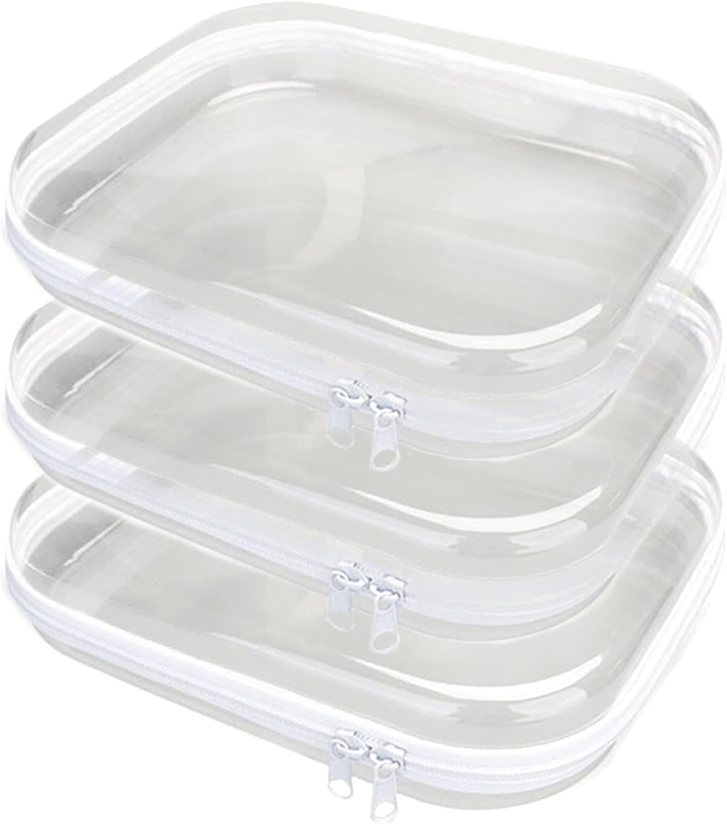 3PCS Clear Hard Plastic Zipper Case, Double Zippers Hard Pouch, Portable Travel Organizer Bin Clear Makeup Bag for Toy Storage, Snack Bag, Cosmetics, Diaper Bag, Toiletry Bag (3PCS-M)