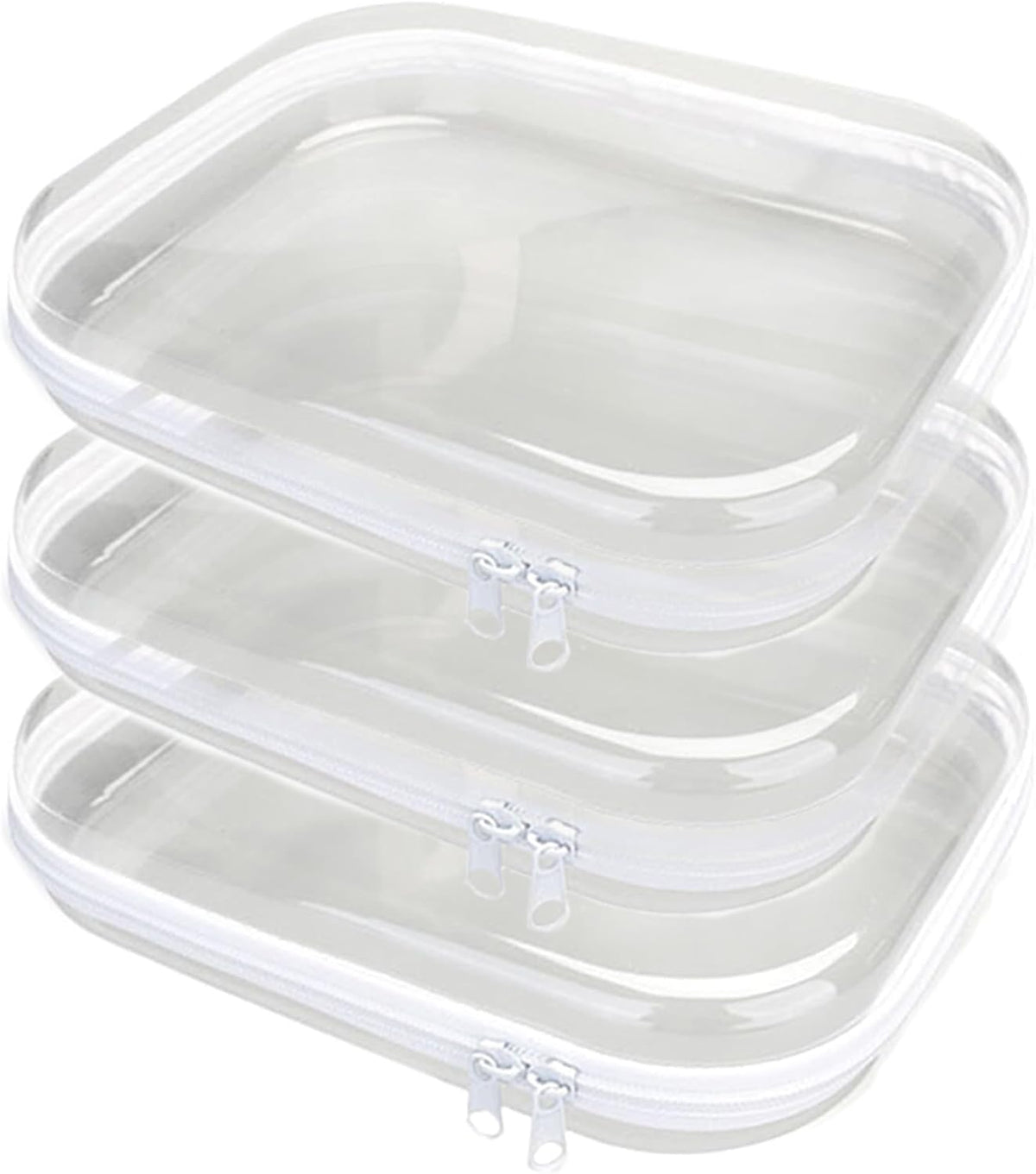 3PCS Clear Hard Plastic Zipper Case, Double Zippers Hard Pouch, Portable Travel Organizer Bin Clear Makeup Bag for Toy Storage, Snack Bag, Cosmetics, Diaper Bag, Toiletry Bag (3PCS-M)