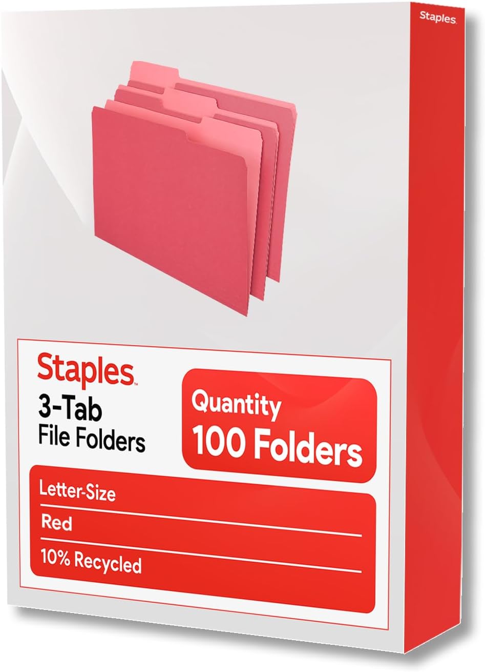 Staples File Folders, Letter Size, 1/3-Cut Tabs, Red, 100/Pack
