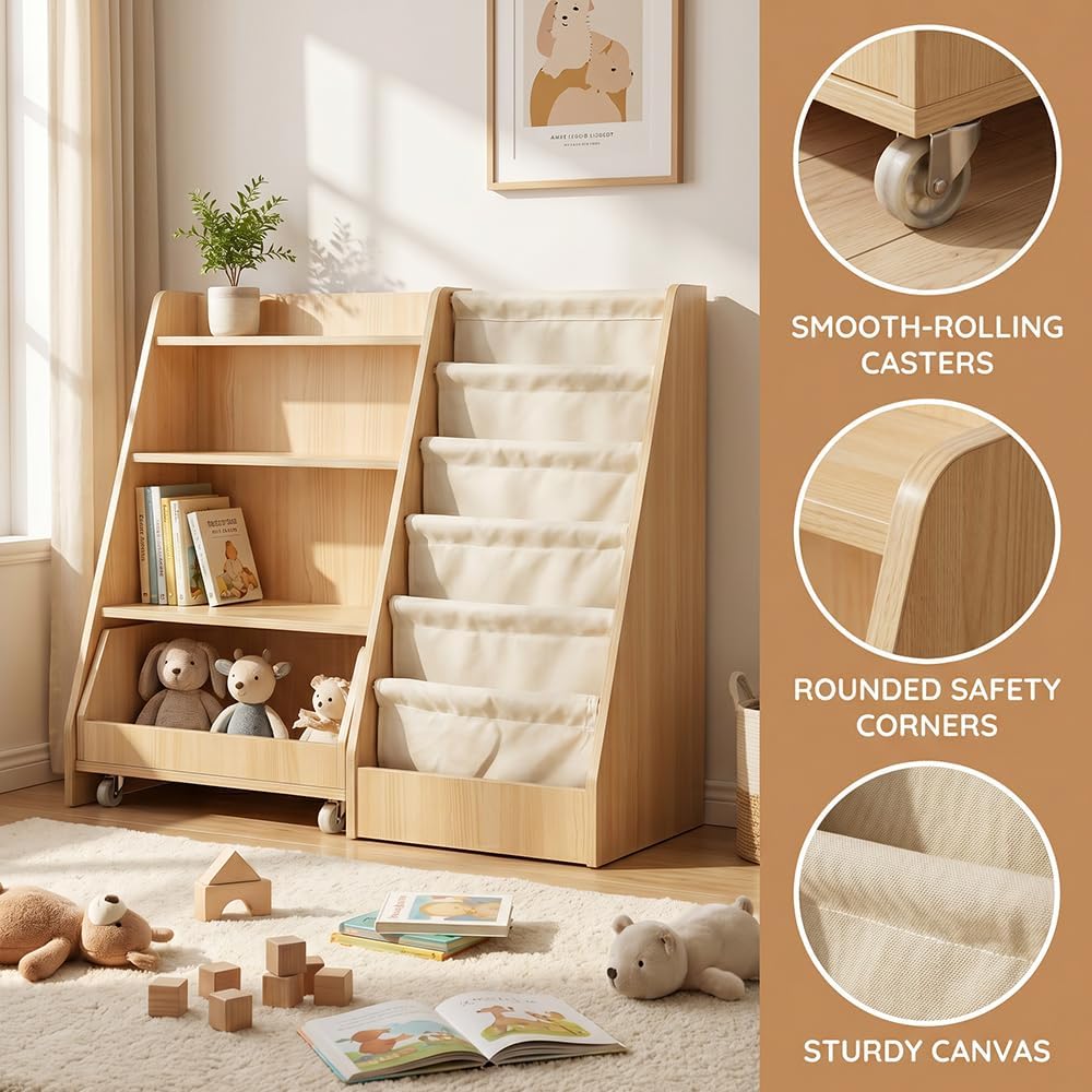 Kids Bookshelf and Toy Storage - Wooden Toddler Book Shelf with Drawer
