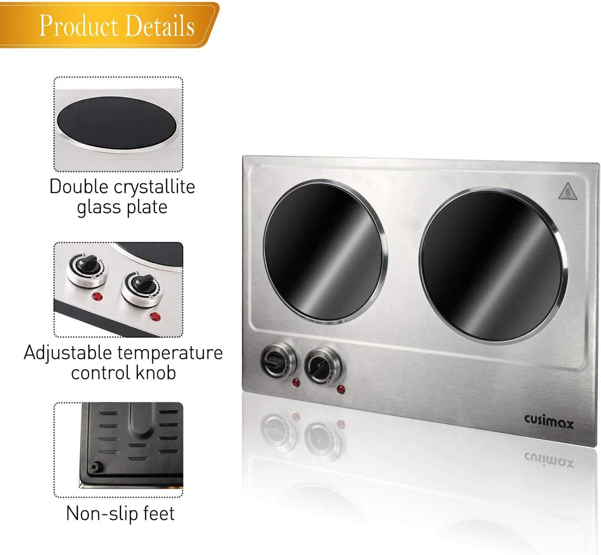 CUSIMAX 1800W Ceramic Electric Hot Plate for Cooking, Double Burner, Silver