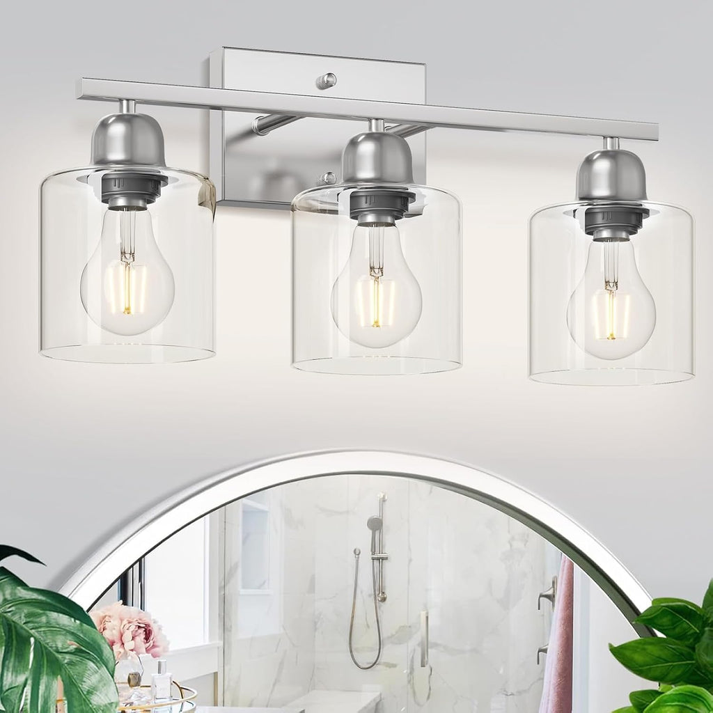 Modern Brushed Nickel 3 Light Bathroom Light Fixtures,19 inch Vanity Lights For Bathroom With Clear Glass, Bathroom Lighting Fixtures Over Mirror For Mirror Kitchen Living Room Hallway Cabinet Porch