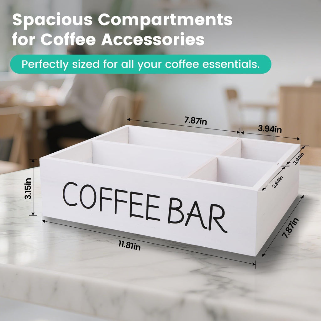 Coffee Bar Organizer – Wooden Coffee Station with 4 Compartments, Removable Dividers, and Condiment Storage for Home & Office