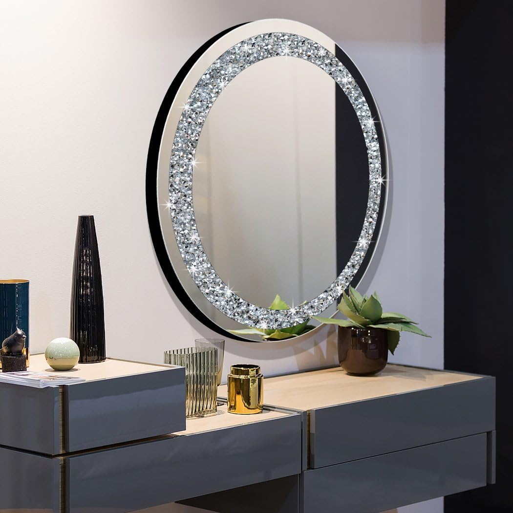 QMDECOR Round Wall Mirror 28x28 inch Crystal Crush Diamond Decor for Home Decoration Silver Mirror.