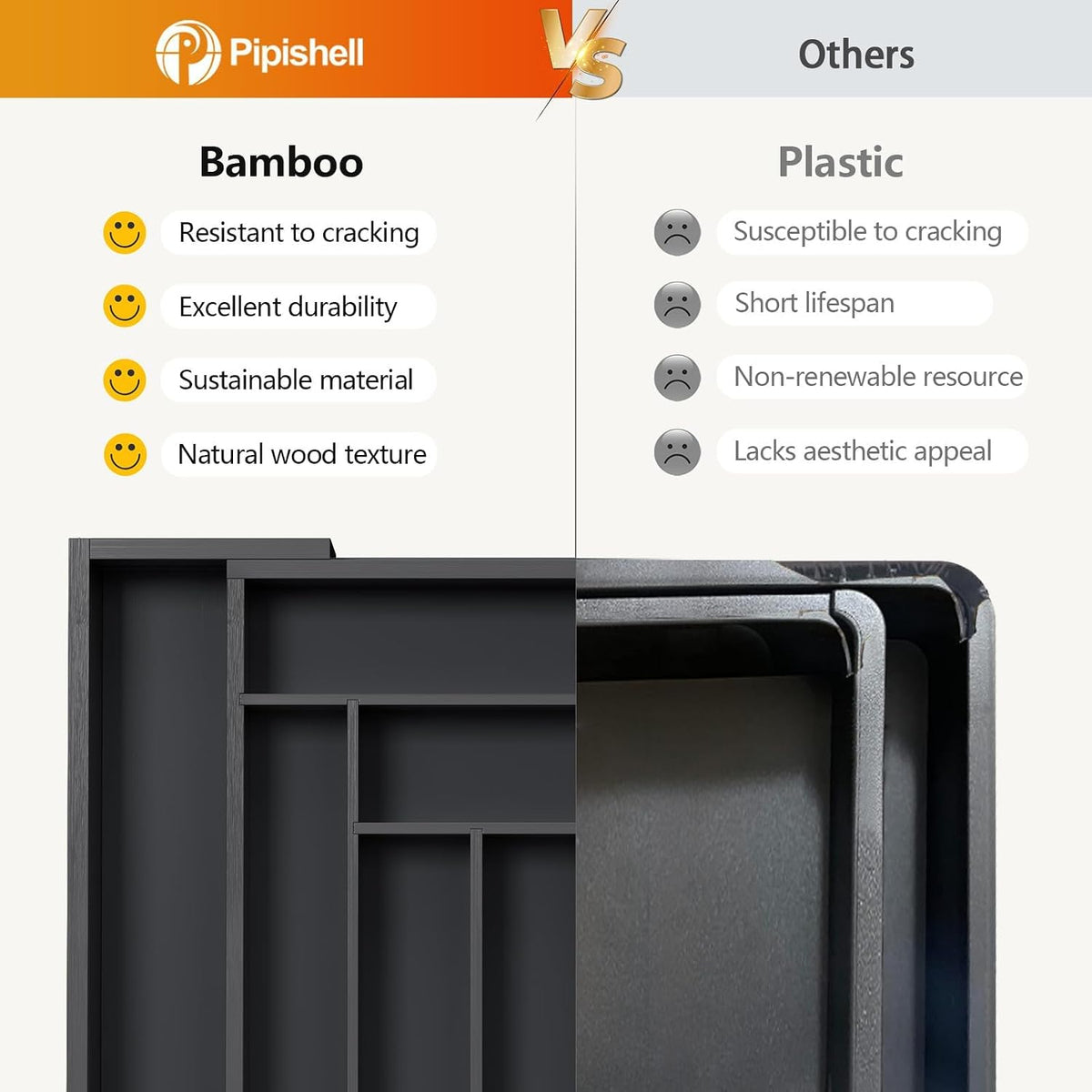 Pipishell Expandable Bamboo Silverware Drawer Organizer, Black, Large