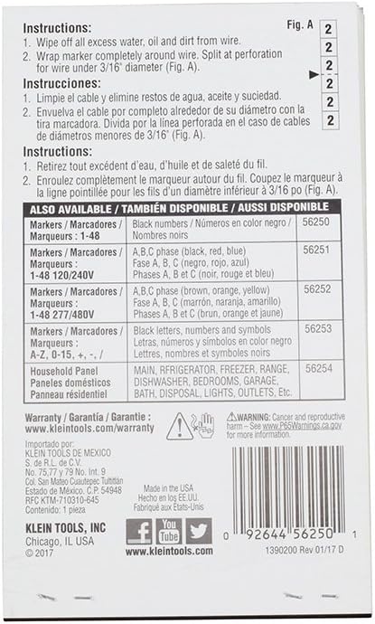 Klein Tools 56250 Wire Marker Book for Cable Management, Electric Panel Organization Wire Label Stickers, Numbered 1-48