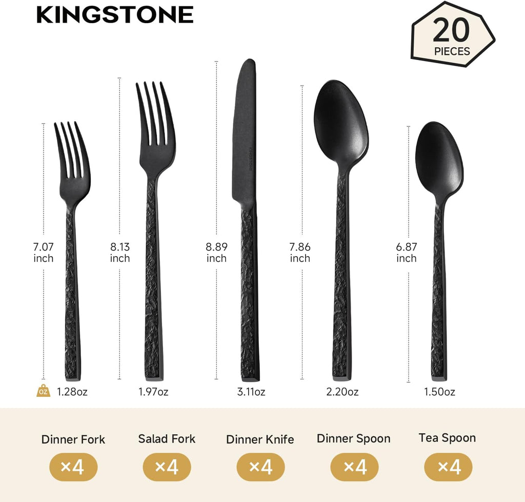 20 Pcs Black Hammered Silverware Set for 4, 18/10 Stainless Steel Flatware