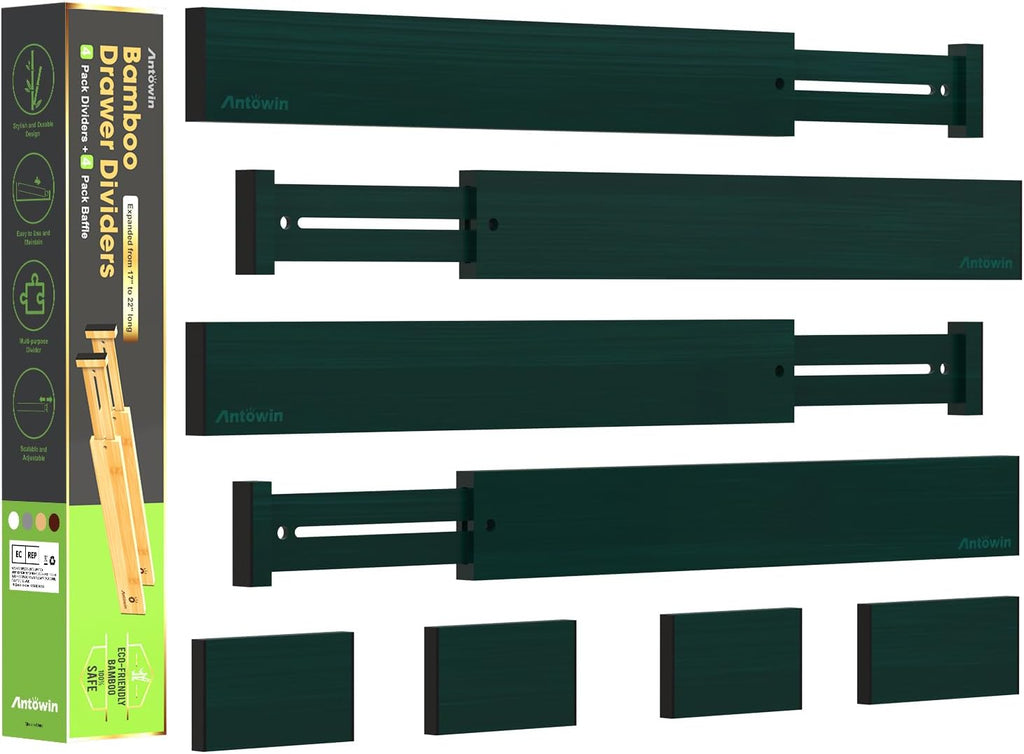 Bamboo Drawer Dividers Organizers, Expandable Drawer Separators Splitter,17-22 inches Long Adjustable Spring-loaded Organizer for Large Utensil, Clothes, Tools Drawers (Black)