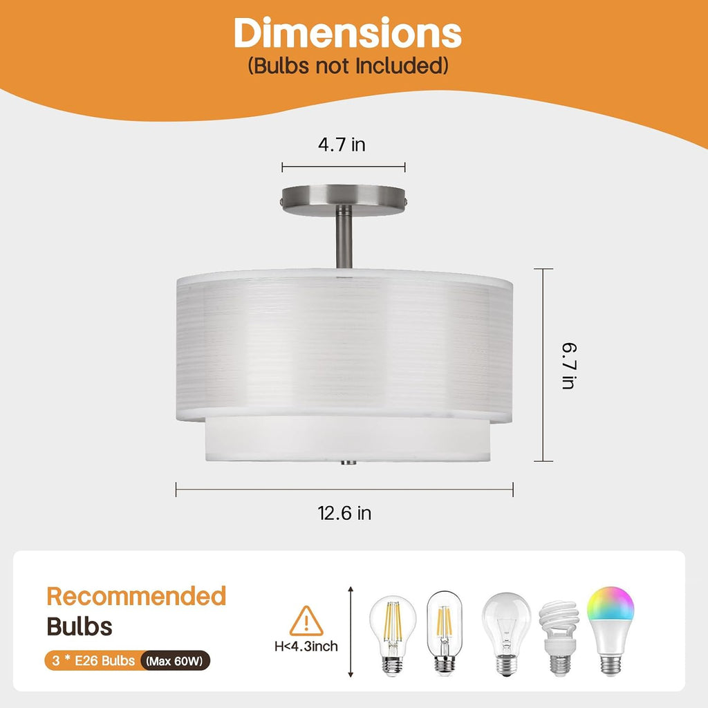 Semi Flush Mount Ceiling Light Fixture,Bedroom Ceiling Light,12.6'' Light Fixtures Ceiling Mount,Drum Light Fixture,3-Light Modern Close to Ceiling Lamps for Living Room Dining Room Kitchen Entryway