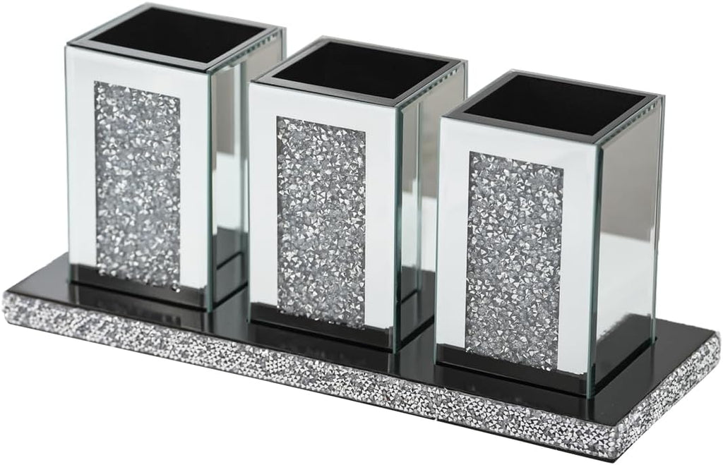 Pibeyer Crystal Crush Diamond Jar Table Centerpiece Decorations for Dining Room, Coffee Table Decor Wooden Tray with 3 Mirrored Jars Artificial Plants for Kitchen, Living Room, Home Décor