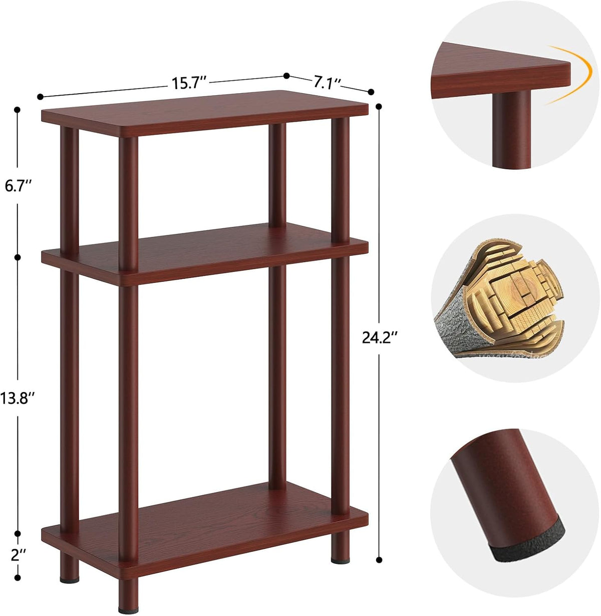 Apicizon Small Narrow Side Table, 3-Tier Skinny End Table, Dark Brown