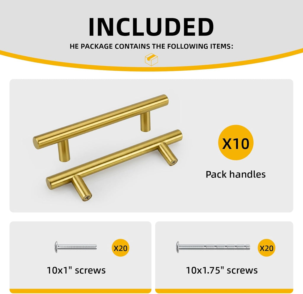 Goldenwarm 10 Pack 3 inch Gold Cabinet Handles Brushed Gold Cabinet Pulls
