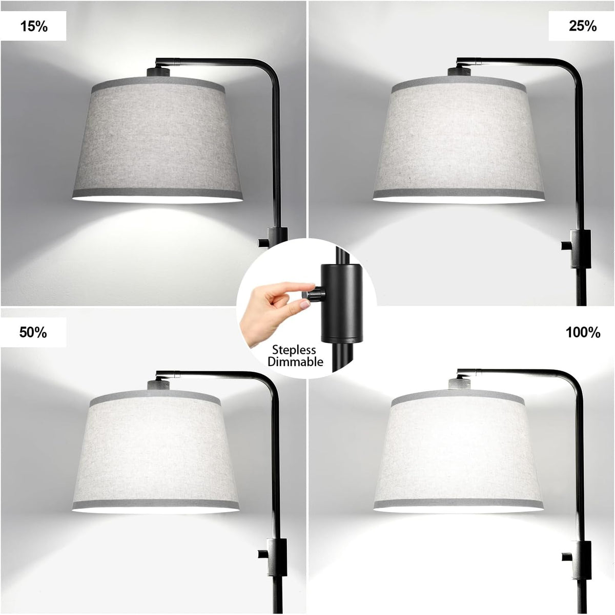【Upgraded】 Dimmable Floor Lamp, 1000 Lumens LED Edison Bulb Included, Arc Floor Lamps for Living Room Modern Standing Lamp with Gray Shade, Tall Lamps for Living Room Bedroom Office Dining Room