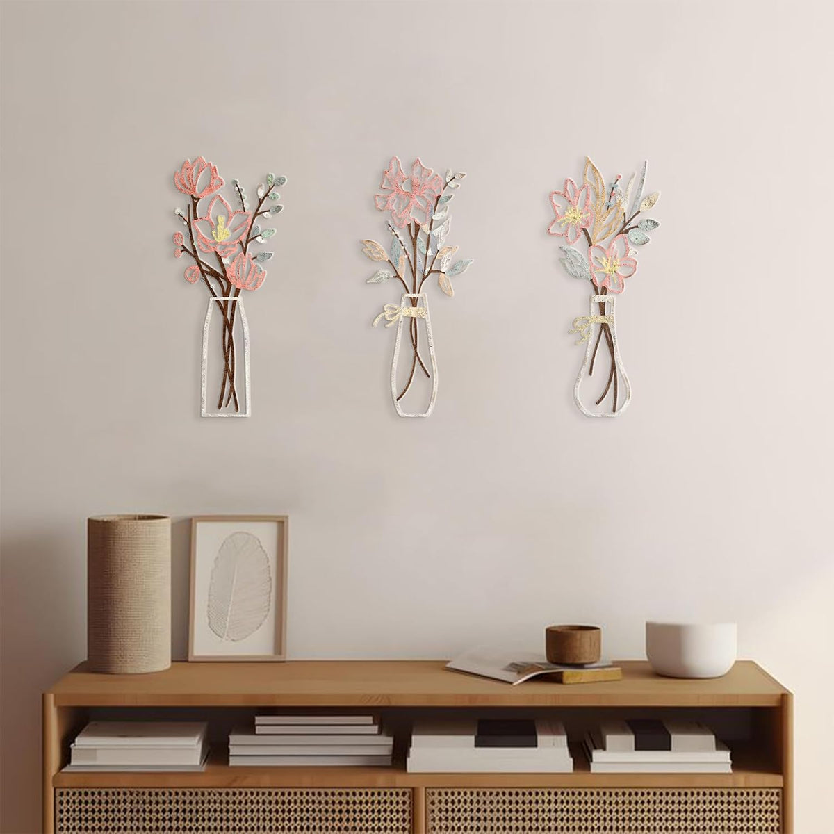 3 Pieces Metal Flowers Wall Art for Bathroom (Multicolored)