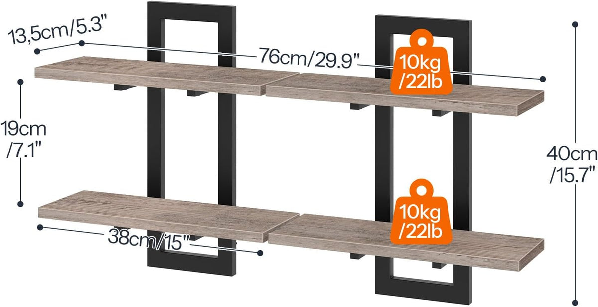 HOOBRO Floating Shelves, 15 Inch Wall Shelf Set of 2, Wall Mounted Storage Shelves 2-Tier, Hanging Bathroom Shelves, for Living Room, Bedroom, Bathroom, Kitchen, Greige BG32BJ01