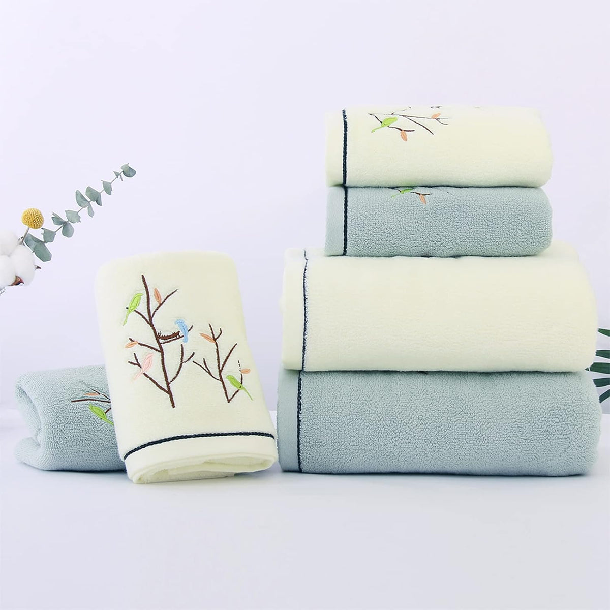 Embroidered Bird Tree Bath Towel for Bathroom,Light Yellow
