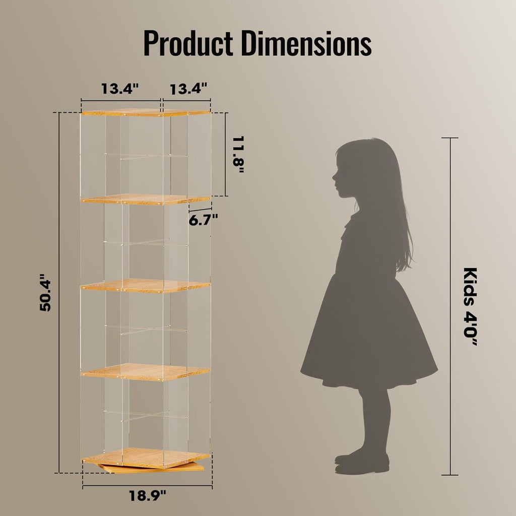 TAKEKIT Rotating Bookshelf, 360 Degree Revolving Bookcase, 4-Tier Spinning Bookshelf, Clear Acrylic & Solid Wood Rotating Bookcase for Kid’s Playroom, Bedroom and Living Room, Square