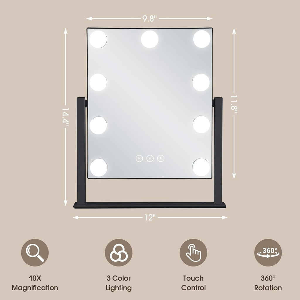 Kotdning Vanity Mirror with Lights,Lighted Vanity Mirror with 9 Dimmable Bulbs for Dressing Room & Bedroom,3 Color Lighting,Modes Detachable 10x Magnification 360°Ratation (Black) 12" L x 14.4" W