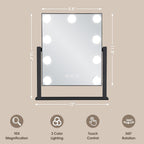 Kotdning Vanity Mirror with Lights,Lighted Vanity Mirror with 9 Dimmable Bulbs for Dressing Room & Bedroom,3 Color Lighting,Modes Detachable 10x Magnification 360°Ratation (Black) 12" L x 14.4" W