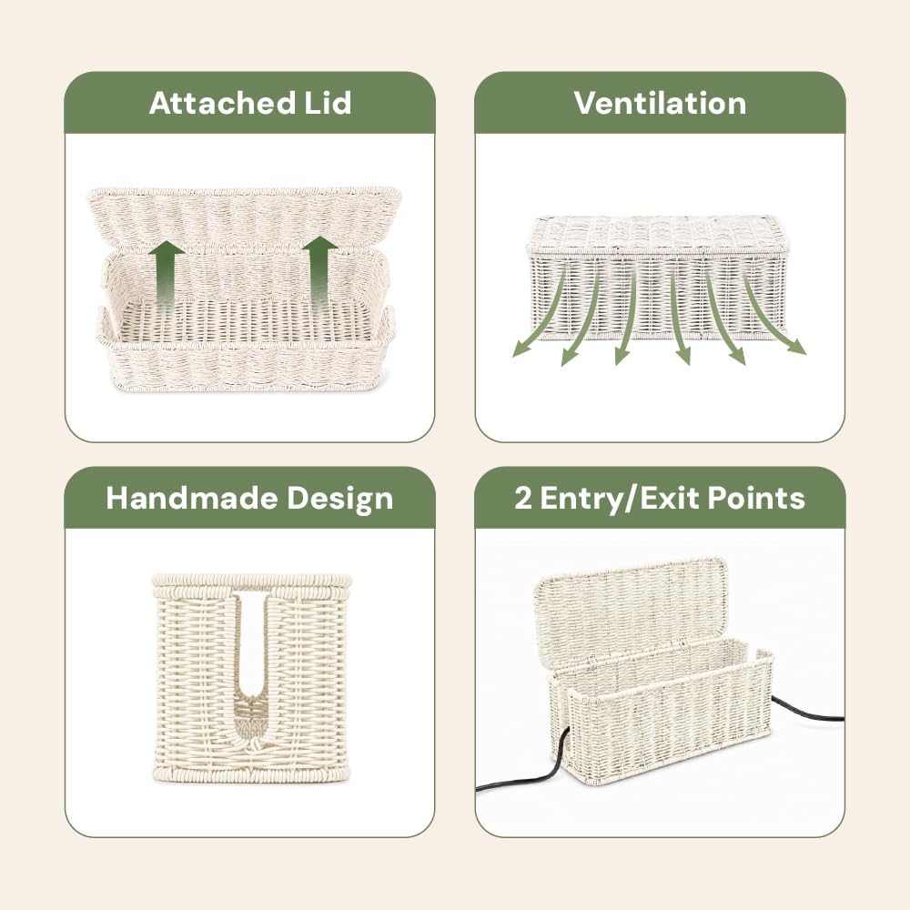 Cable Management Box, Handmade Rattan Cord Organizer for Power Strip