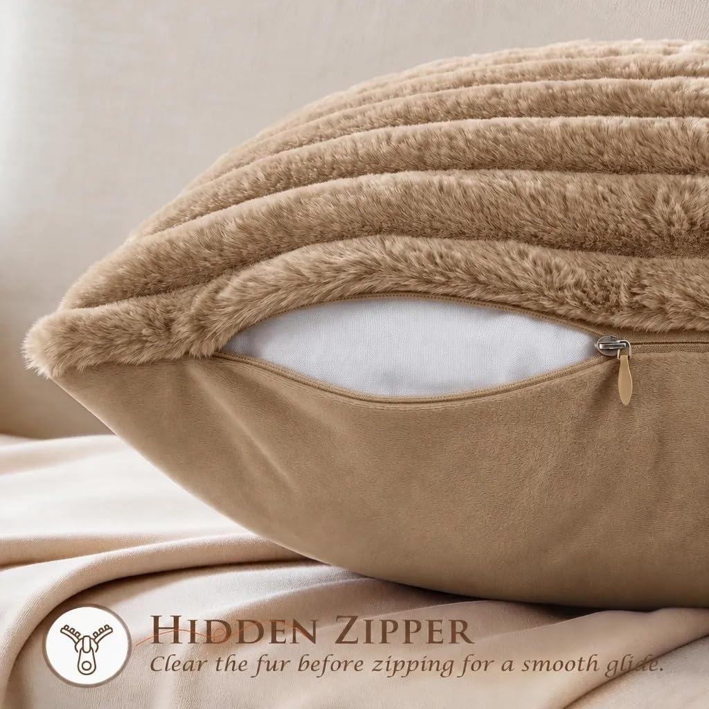 Set of 2 Decorative Throw Pillow Covers 20x20, Fall Faux Fur Khaki