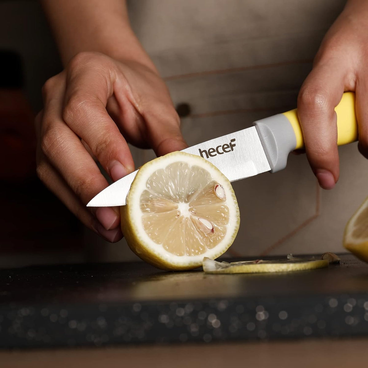 hecef 14 PCS Kitchen Knife Set with Pine Wood Block (Yellow)