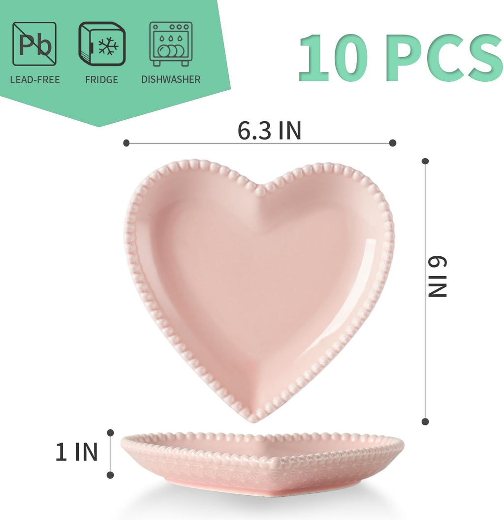 6.3 Inch Ceramic Pink Dessert Plates, Heart Shaped Appetizer Plate Set, 10P