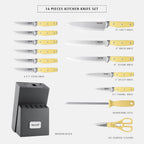 hecef 14 PCS Kitchen Knife Set with Pine Wood Block (Yellow)