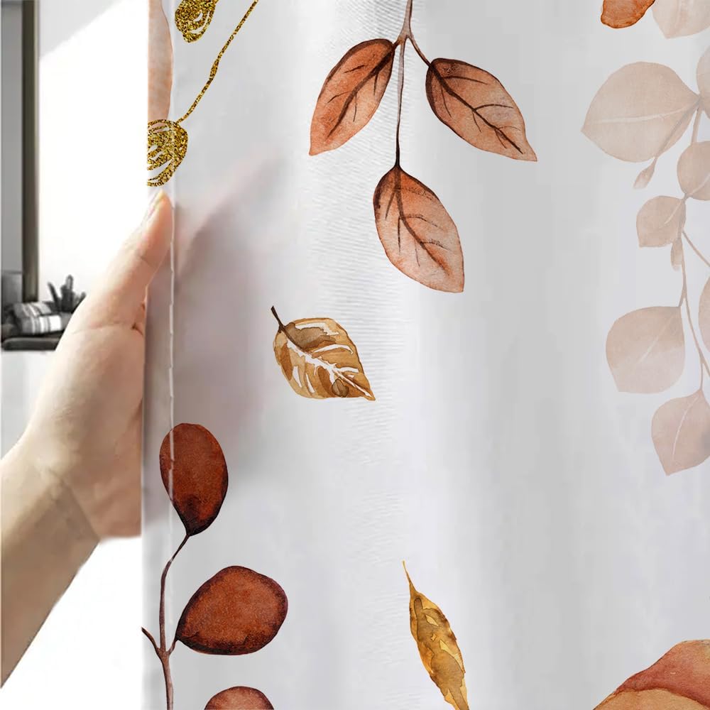 Fall Pumpkin Leaves Shower Curtain, Cute Autumn Harvest Thanksgiving Yellow Boho Watercolor Eucalyptus Leaves Fabric Shower Curtains Set for Bathroom Decorative with Hooks 72 X 72 Inch Bath Decor
