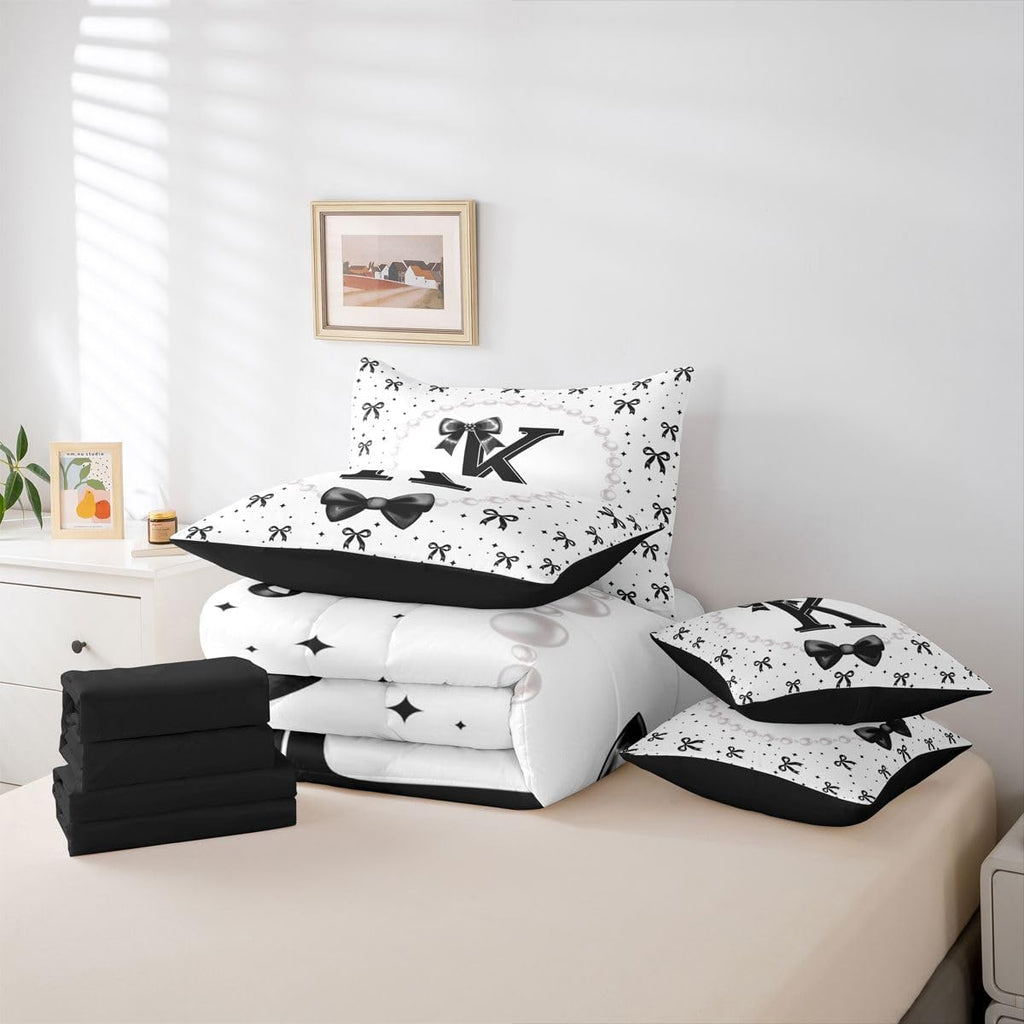 Erosebridal Black Bow Initial K Twin Bedding Set with Sheets - Coquette Ribbon Bows Comforter Set 7 Piece for Girls Kids, Black and White Bow Tie Fitted Flat Sheet, Personalized Bowknot Bed in a Bag