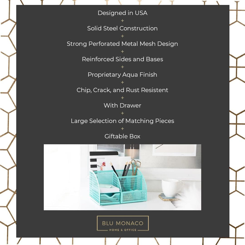 BLU MONACO Aqua Desk Organizer | Metal Turquoise Stationery Holder With Drawer and Compartments | Desktop Storage for School, Bedroom, Locker and Home | 5.5”D x 8.6”W x 5”H Accessory Caddy