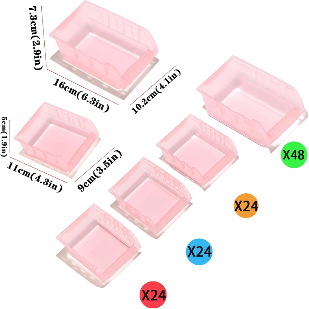 Transparent Pink Garage Organizer Bins, 120PCS Wall Mounted Storage Small Parts Bins With White Pegboard to Store Nuts,Bolts, Screws, Nails
