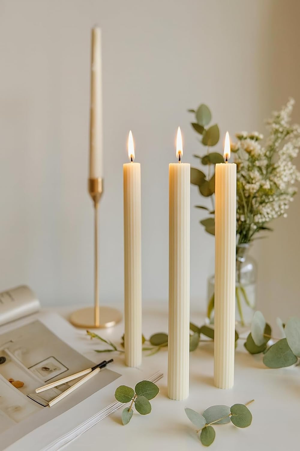 CW Studio 0.78x10 Inch Unscented Ribbed Taper Candles – Elegant Fluted Design, 11-Hour Burn, Dripless, Perfect for Home Decor, Weddings, Events & Dinners (24, White)