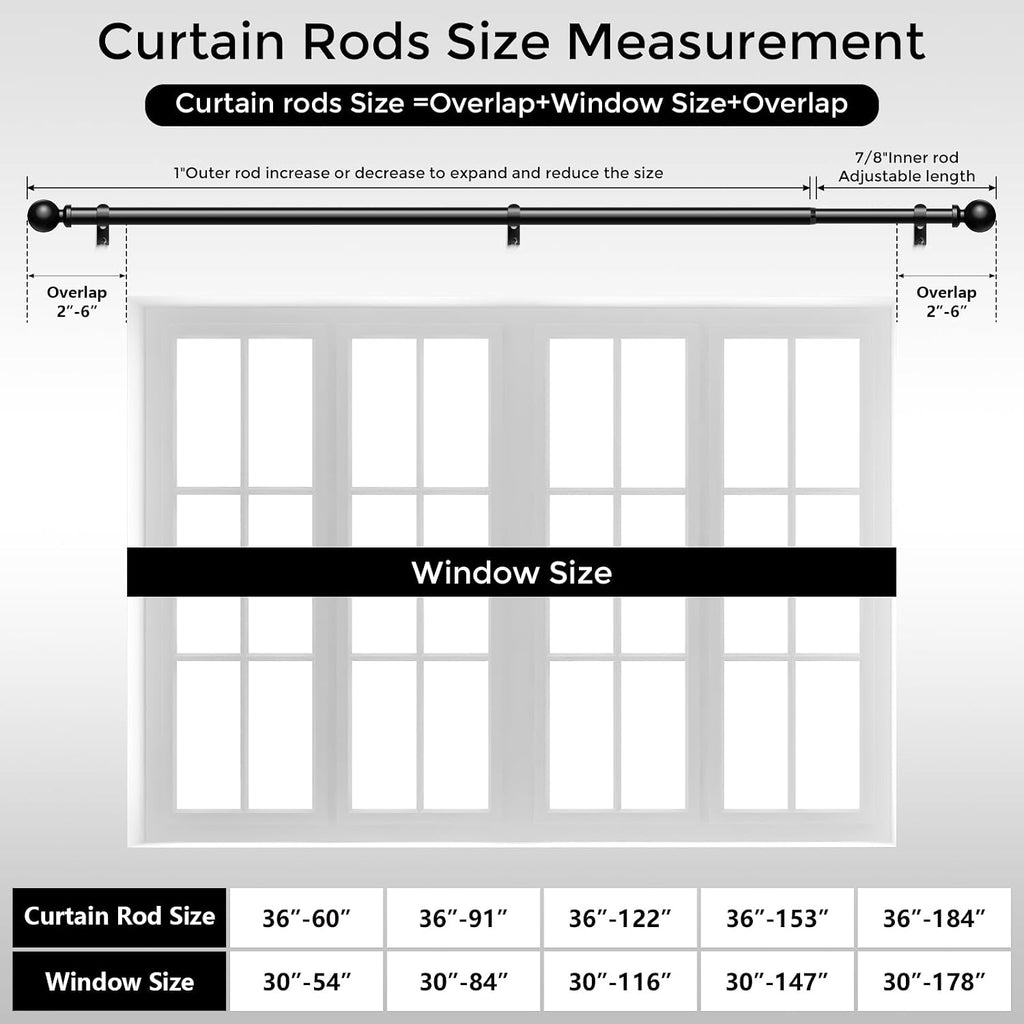 Curtain Rods 36-88 Inch, Black 1 Inch Adjustable Heavy Duty Curtain Rods for Windows, Decorative Modern Window Treatment Rod, Telescopic Splicing Metal Drapery Pole, Easy Installation
