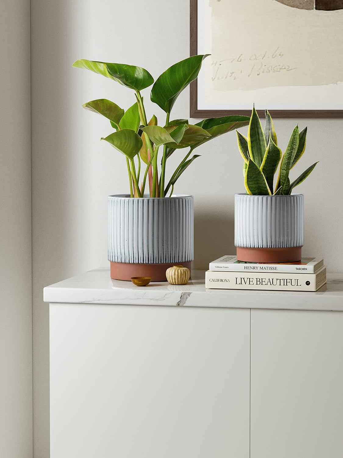 LE TAUCI Ceramic Pots for Plants, 8+6.7+5.5 Inch Plant Pots Indoor, Flower Pot with Drainage Holes, Medium Cylinder Planters for Indoor House Plants, Set of 3, Reactive Glaze White