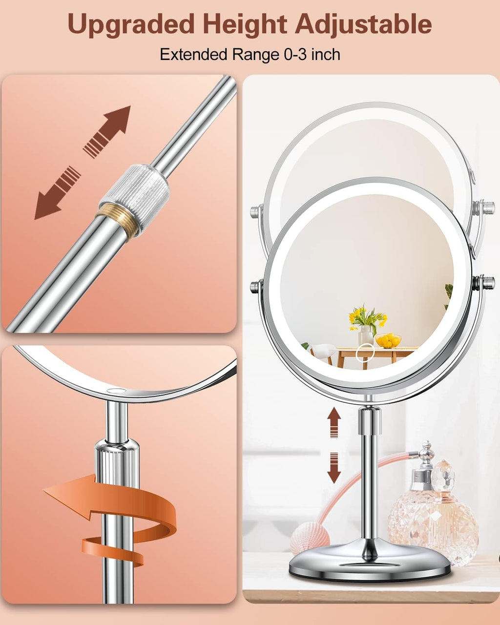 7" Lighted Makeup Mirror with Magnification 10X, Height Adjustable,3 Lights