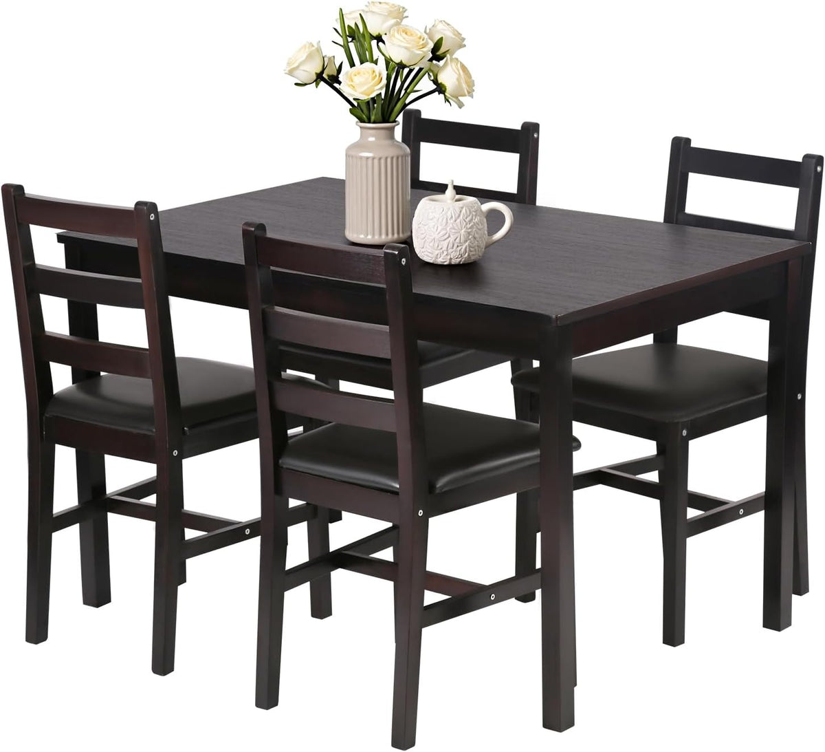 FDW | 5-Piece Solid Wood Dining Table Set for 4 | Brown | Space-Saving Design | Smooth Easy-to-Clean Surface | Pine Kitchen Table with Upholstered Chairs | for Dining Room, Apartment, Restaurant