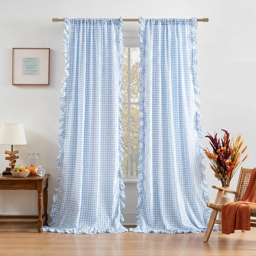 ZJDECOR Baby Blue Buffalo Plaid Ruffle Window Curtain Panels 84 Inches Long
