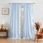 ZJDECOR Baby Blue Buffalo Plaid Ruffle Window Curtain Panels 84 Inches Long