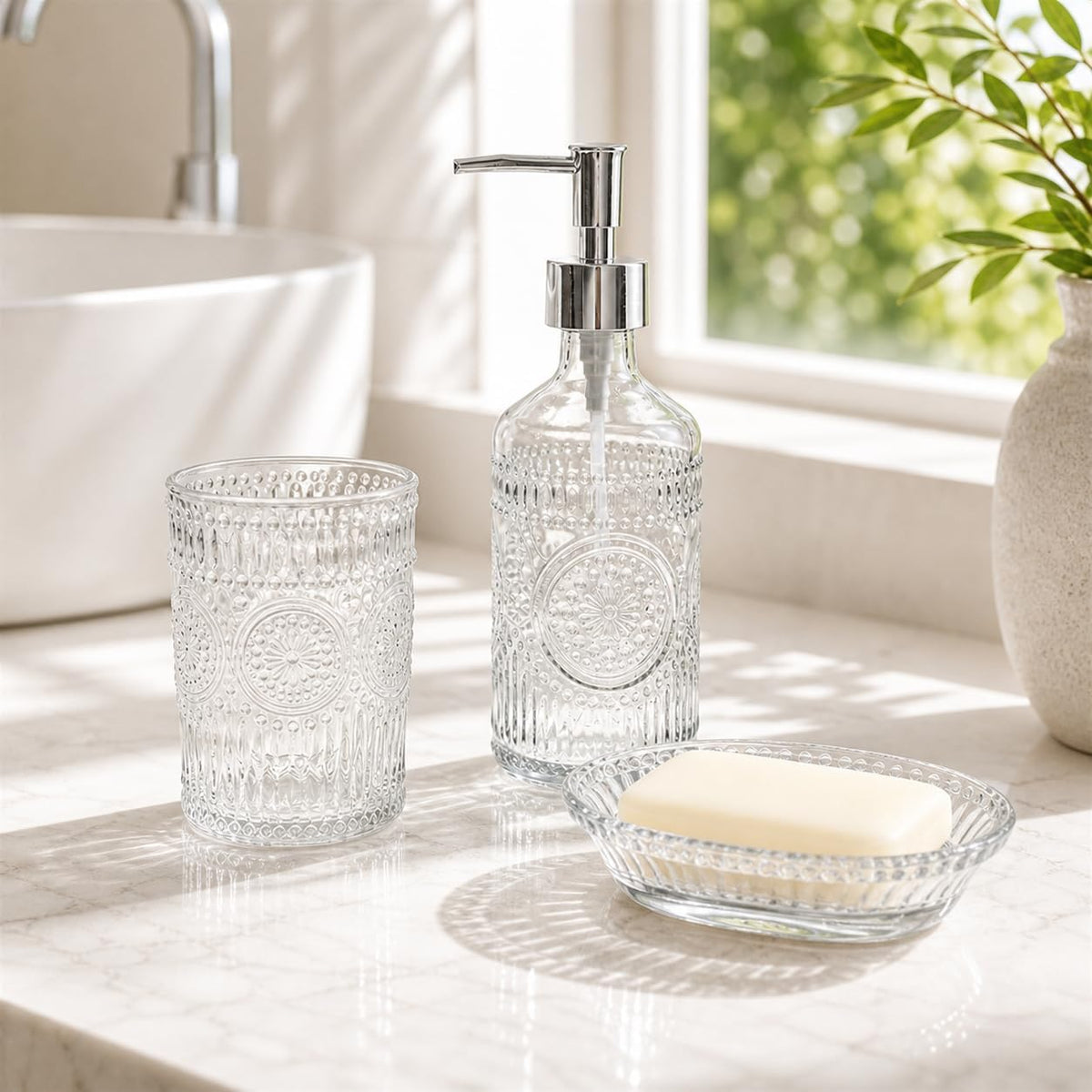 3PCS Glass Bathroom Accessories Set, Clear Soap Dispenser, Toothbrush Holder, Soap Dish, Modern Elegant Bathroom Decor for Housewarming Gift