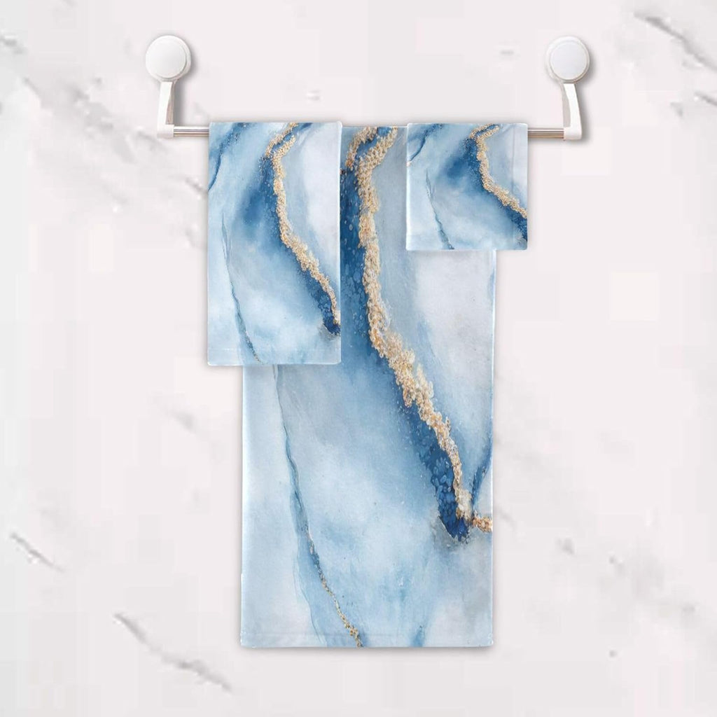 Blueangle White Blue Marble 3 Piece Bathroom Towel Set – Soft, Absorbent and Eco-Friendly – Includes 1 Bath Towel, 1 Face Towel/Washcloth, 1 Hand Towel