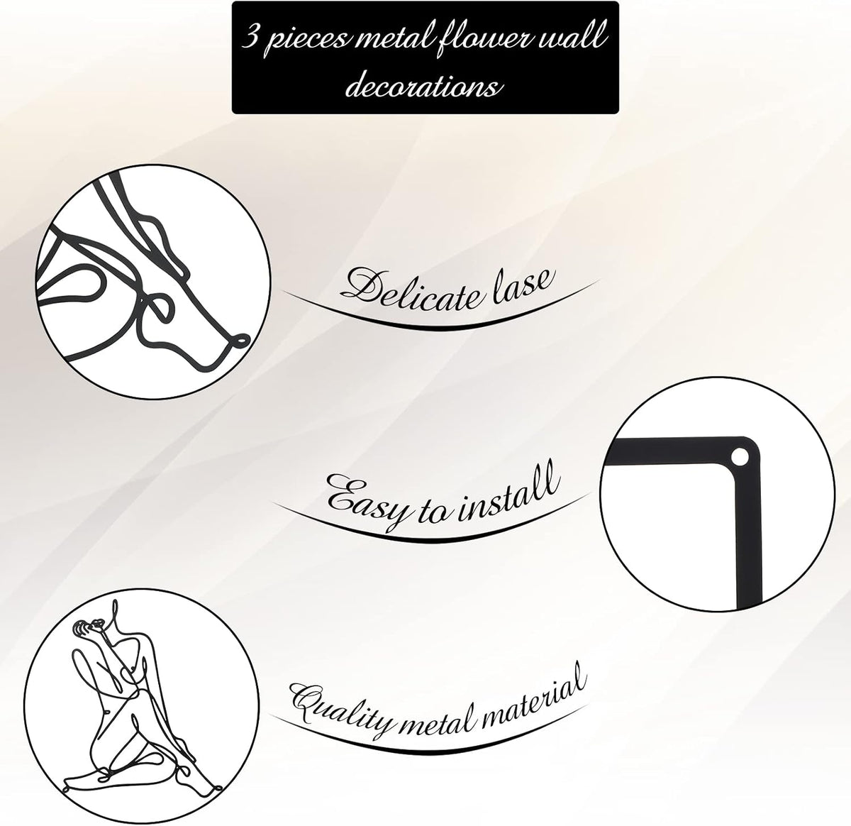 Photect 3 Pcs Metal Wall Art Minimalist Woman Line Decor, Modern, Black
